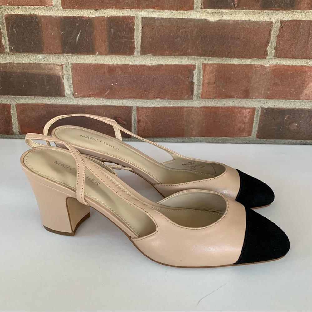 Marc Fisher Womens Laynie Tan Black Leather Closed Toe Slingback Pump US 10 M
